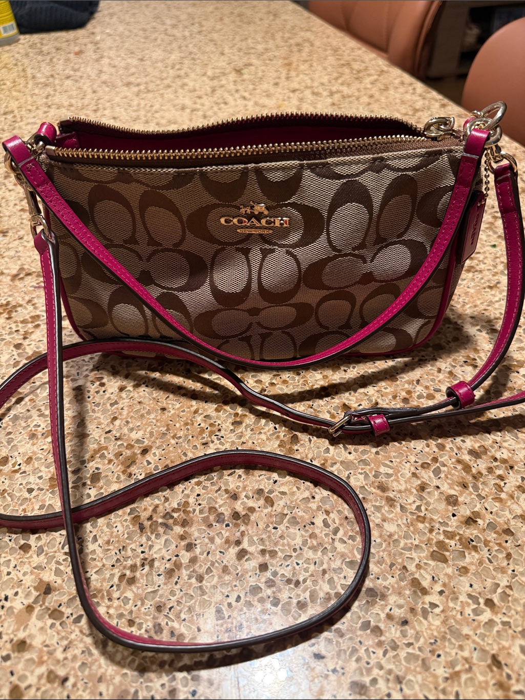 2015 Coach Factory Brown Signature Canvas Crossbody With Pink Trim